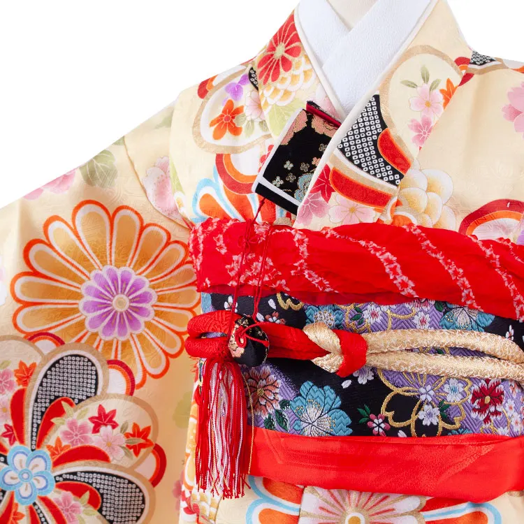 七五三レンタル（7歳女の子結び帯）7187 クリーム色/花柄古典