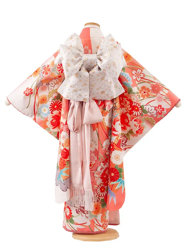 七五三レンタル（7歳女の子結び帯）7196 白地×ピンク/花と扇