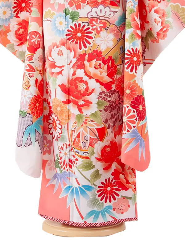 七五三レンタル（7歳女の子結び帯）7196 白地×ピンク/花と扇