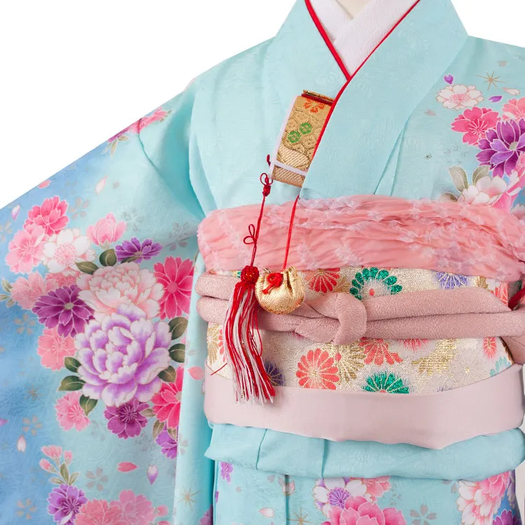 七五三レンタル（7歳女の子結び帯）7216 水色地/四季の花