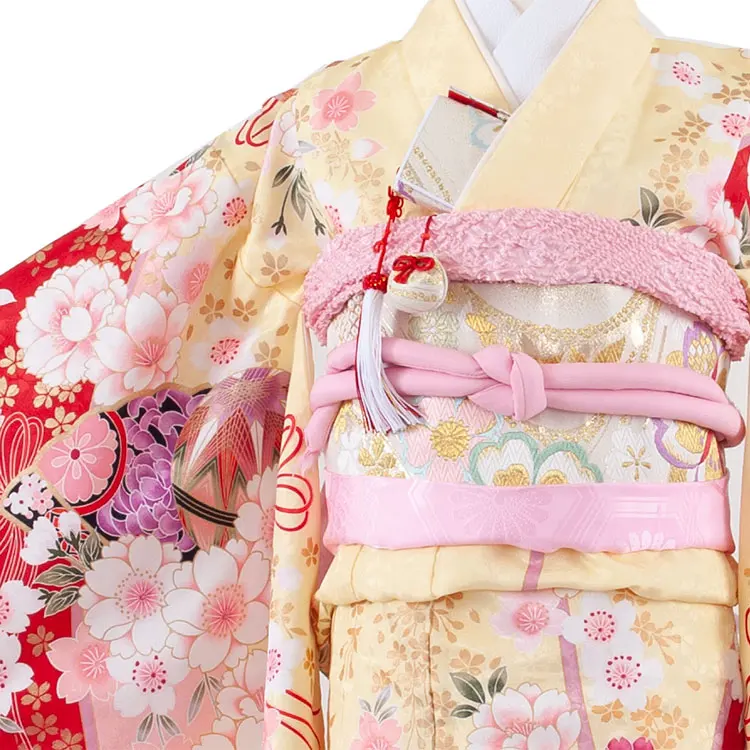 七五三レンタル（7歳女の子結び帯）7218 クリーム地/毬と桜