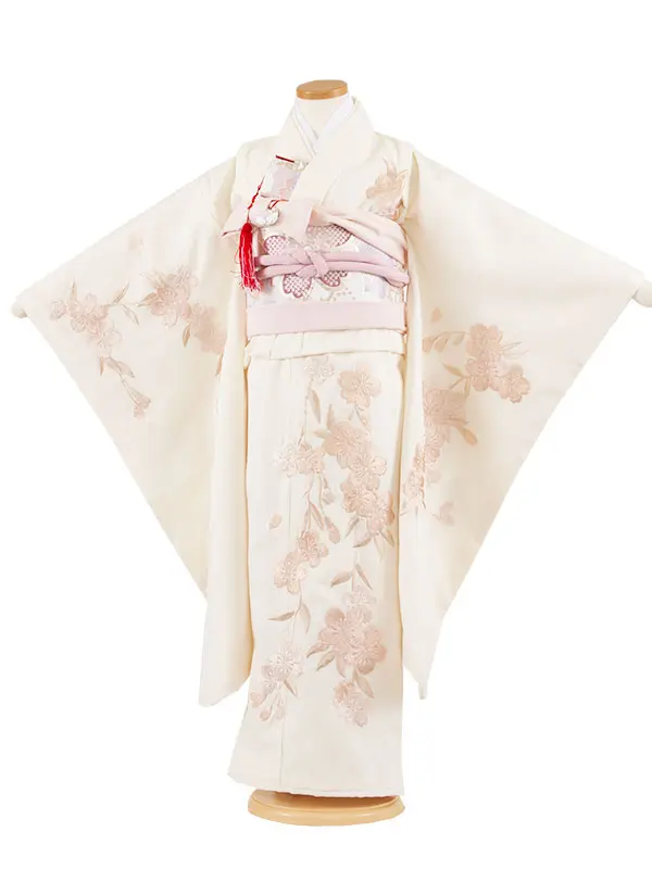 七五三レンタル（7歳女児結び帯） 7341 アイボリー しだれ桜刺繍 豪華