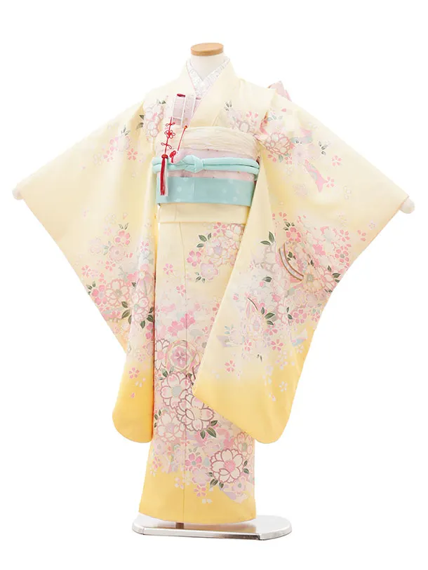 七五三レンタル（7歳女児結び帯） 7350 薄イエロー 鞠 桜