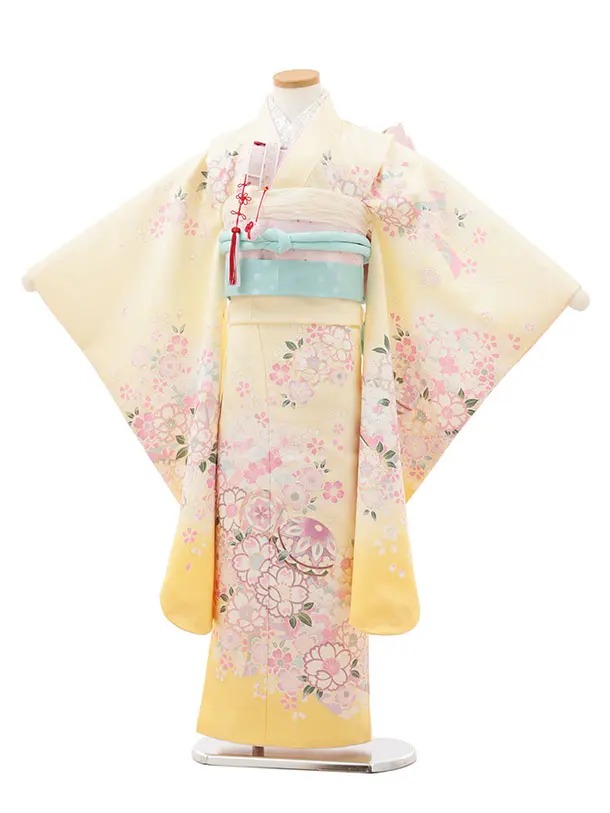 七五三レンタル（7歳女児結び帯） 7350 薄イエロー 鞠 桜