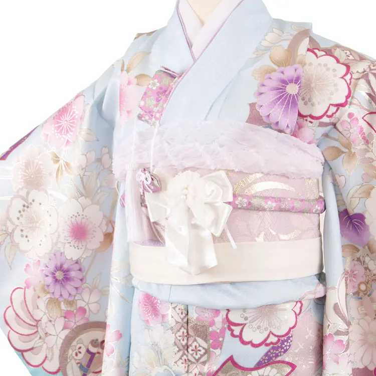 七五三レンタル（7歳女児結び帯） 7396 Shinako 空色 熨斗に花づくし
