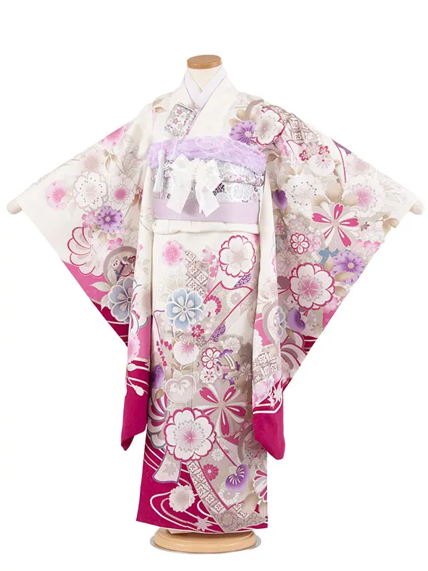 七五三レンタル（7歳女児結び帯） 7397 Shinako 白地 熨斗に花づくし