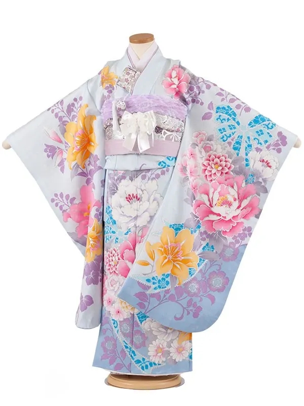 七五三レンタル（7歳女児結び帯） 7398 Shinako 空色 牡丹 リボン