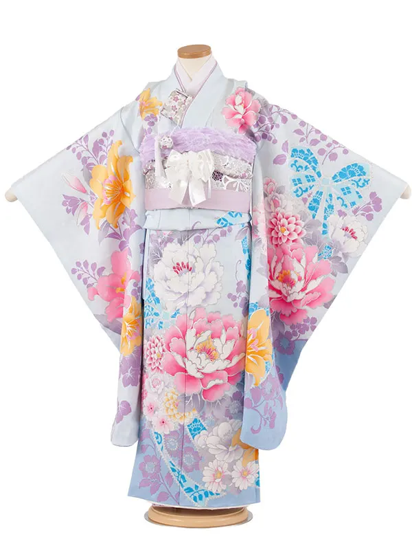 七五三レンタル（7歳女児結び帯） 7398 Shinako 空色 牡丹 リボン
