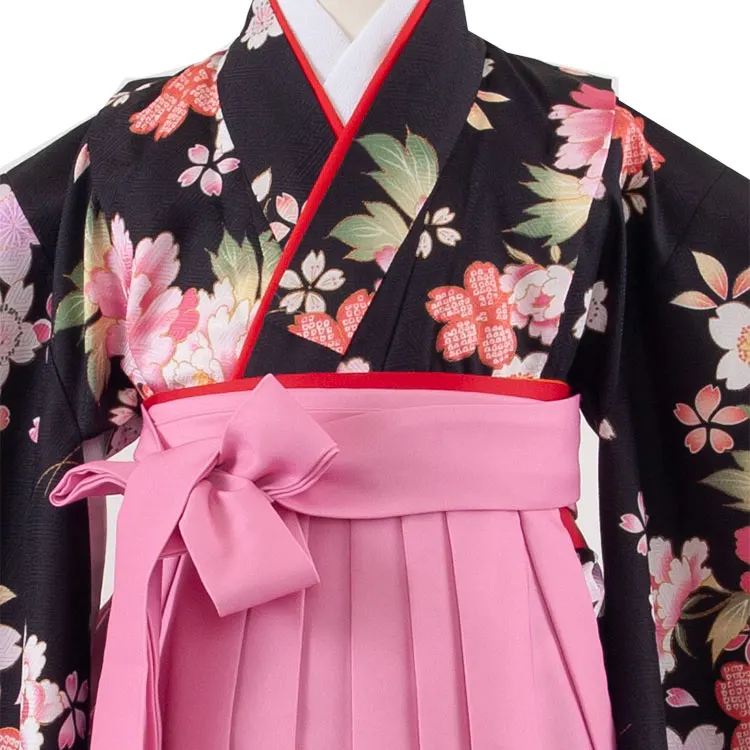 女児袴レンタル（7歳女の子） 黒地 牡丹 桜 9053