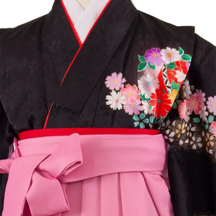 女児袴レンタル（6～7歳女の子） 黒地 牡丹 9069