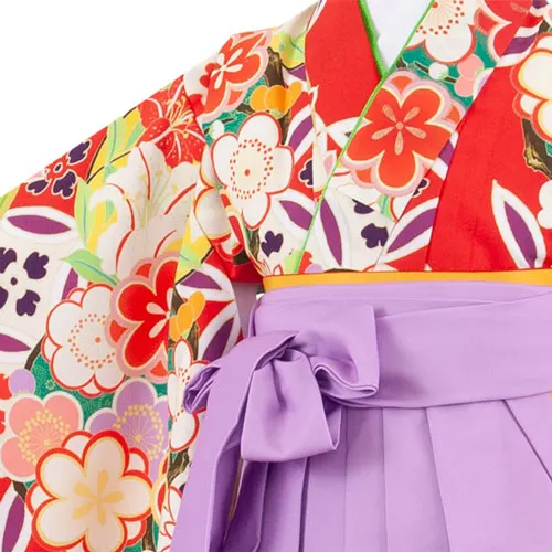 女児袴レンタル（5歳女の子） 赤オレンジ×薄紫 梅 9086