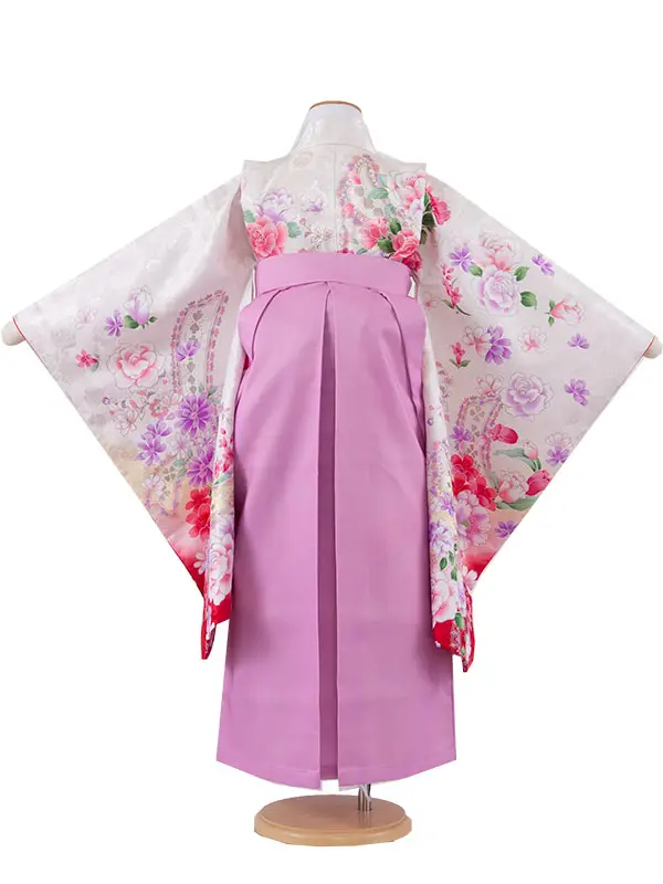 女児袴レンタル（7歳女の子） 白地 薔薇 ピンクパープル袴 9098