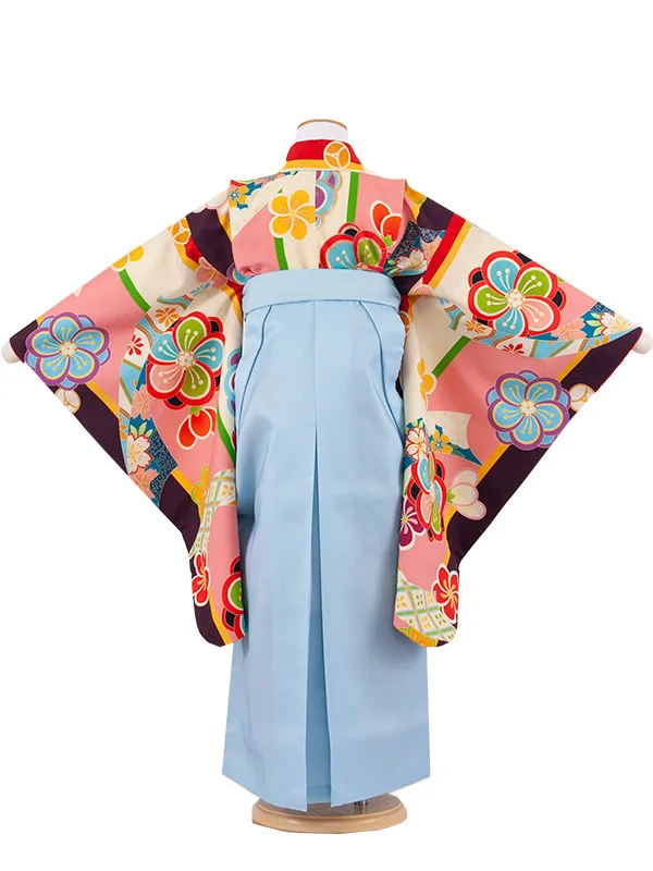 女児袴レンタル（6～7歳女の子） くすみピンク×水色 ねじり梅 9150