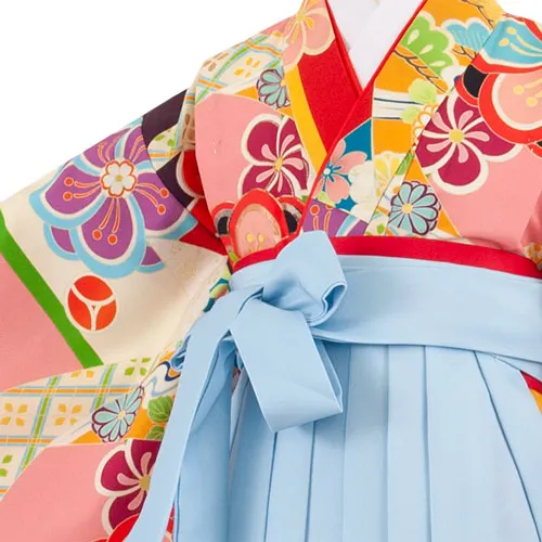 女児袴レンタル（6～7歳女の子） くすみピンク×水色 ねじり梅 9150