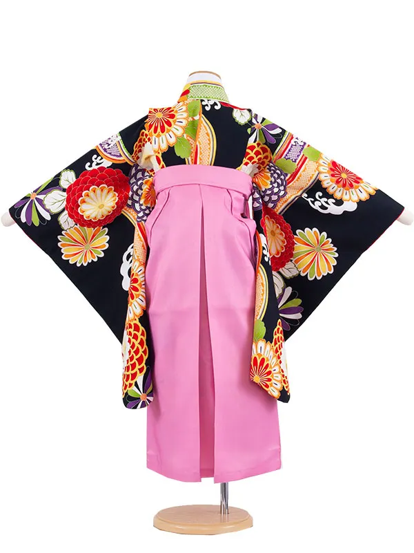 女児袴レンタル（6～7歳女の子） 黒×ピンク 菊 9155