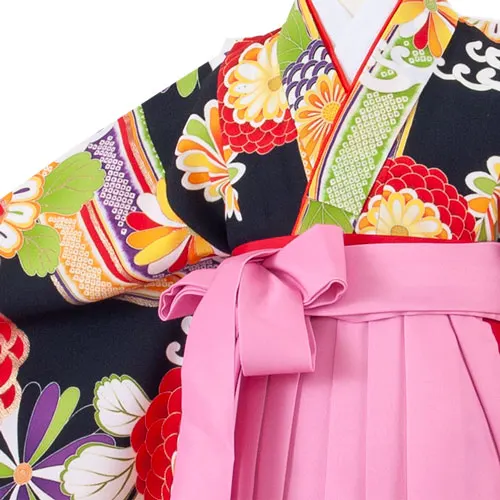 女児袴レンタル（6～7歳女の子） 黒×ピンク 菊 9155