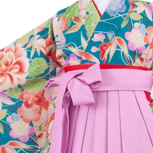 女児袴レンタル（7歳女の子）エメラルドグリーン×ピンクパープル 四季の花9199