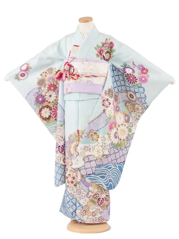 【正絹】七五三レンタル（7歳女児袋帯） Z001 桂由美 水色地 金彩 波に花