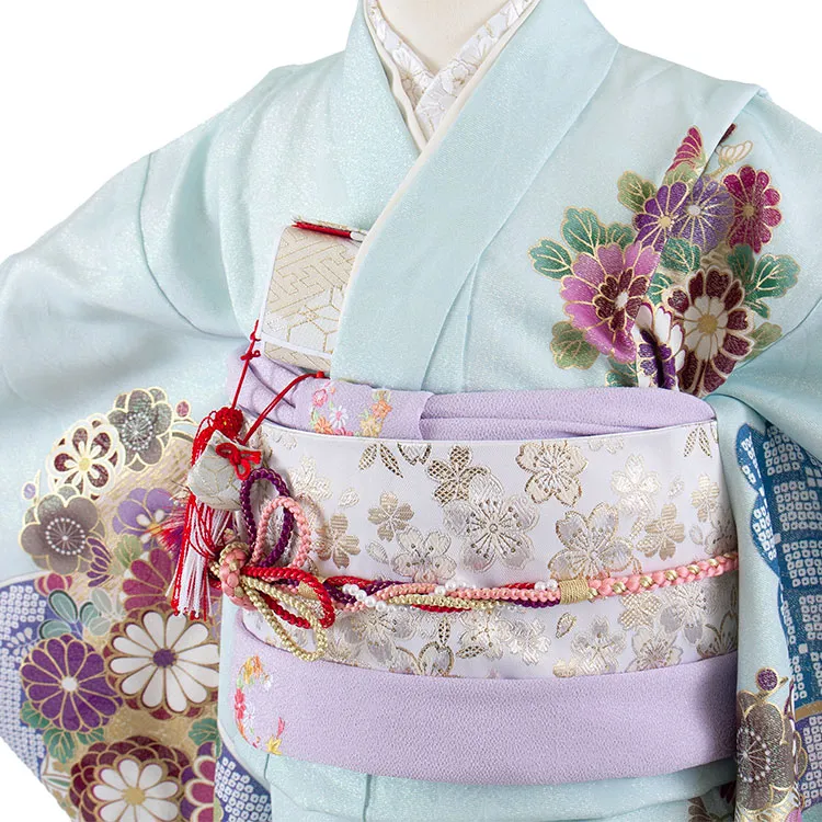 【正絹】七五三レンタル（7歳女児袋帯） Z001 桂由美 水色地 金彩 波に花