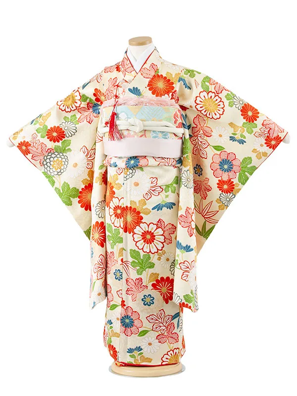 【正絹】七五三レンタル（7歳女児袋帯） Z011 淡黄色 花