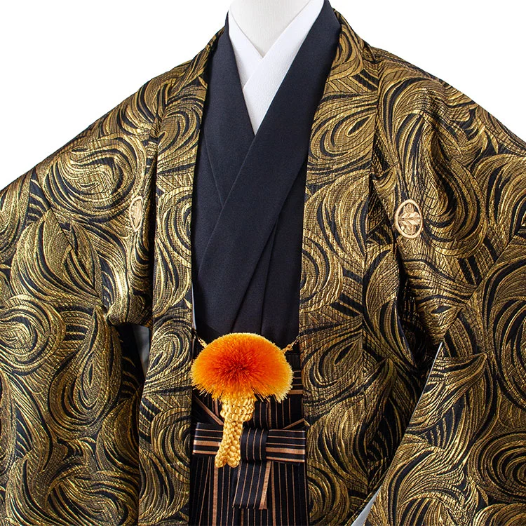 かんたん着付 小学校 卒業式 男の子 袴 黒地 金ウェーブ 1935