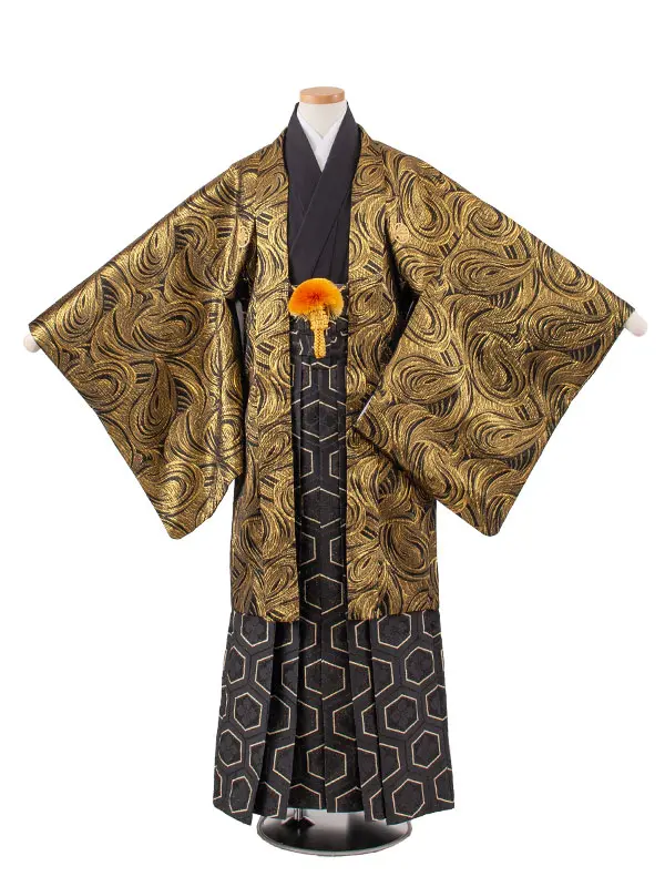 かんたん着付 小学校 卒業式 男の子 袴 黒地 金ウェーブ 1936