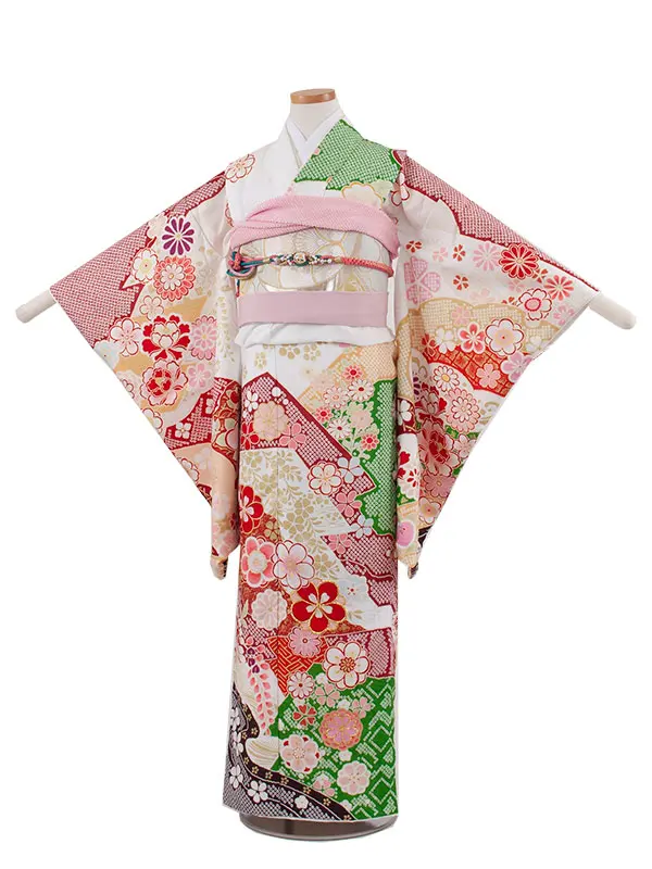 ジュニア着物 白地 しぼり調 桜 牡丹 9039