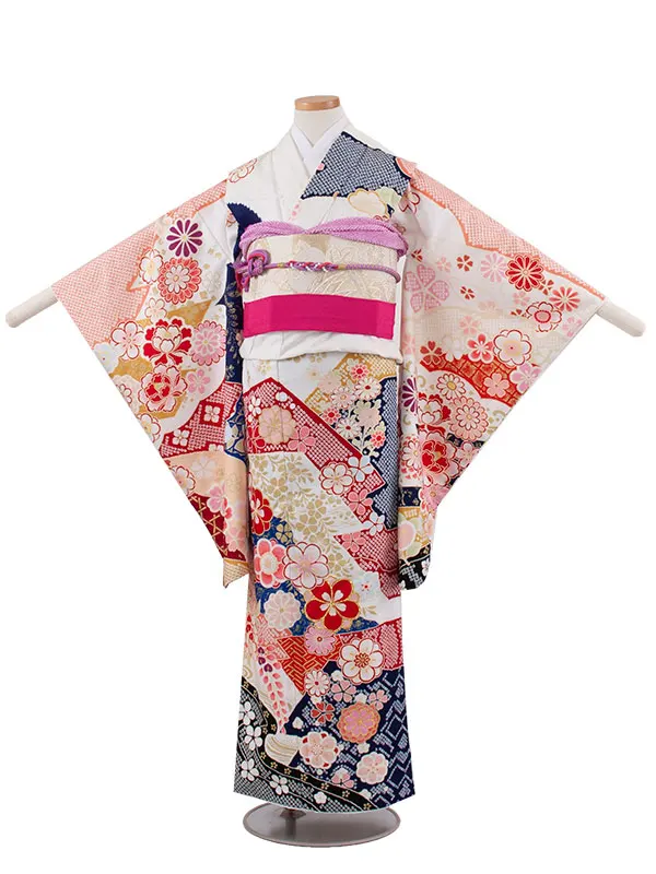 ジュニア着物 白地 しぼり調 桜 牡丹 9042