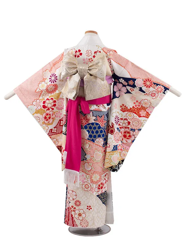 ジュニア着物 白地 しぼり調 桜 牡丹 9042