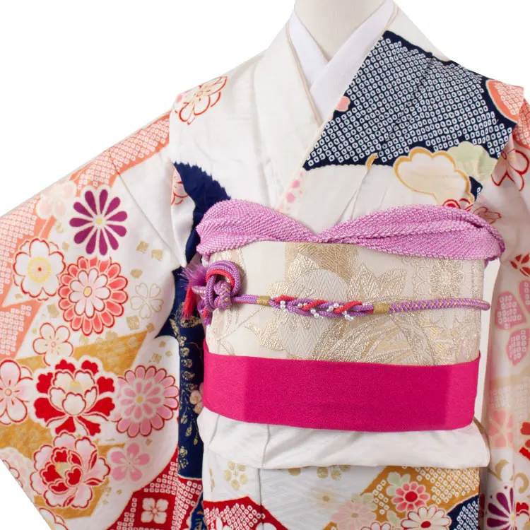 ジュニア着物 白地 しぼり調 桜 牡丹 9042