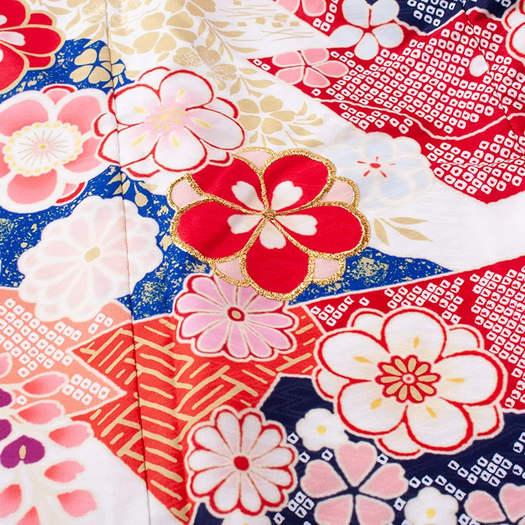 ジュニア着物 白地 しぼり調 桜 牡丹 9042