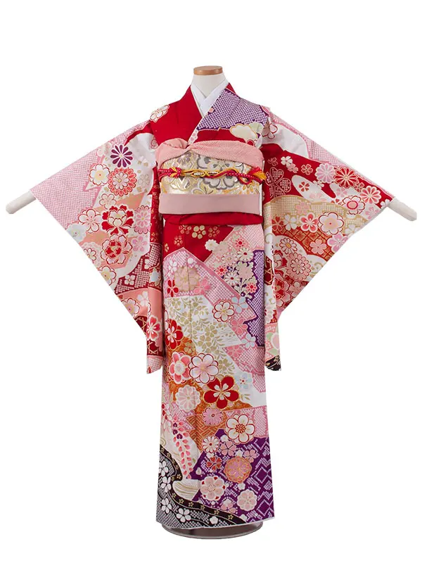 ジュニア着物 赤地 しぼり調 桜 牡丹 9043