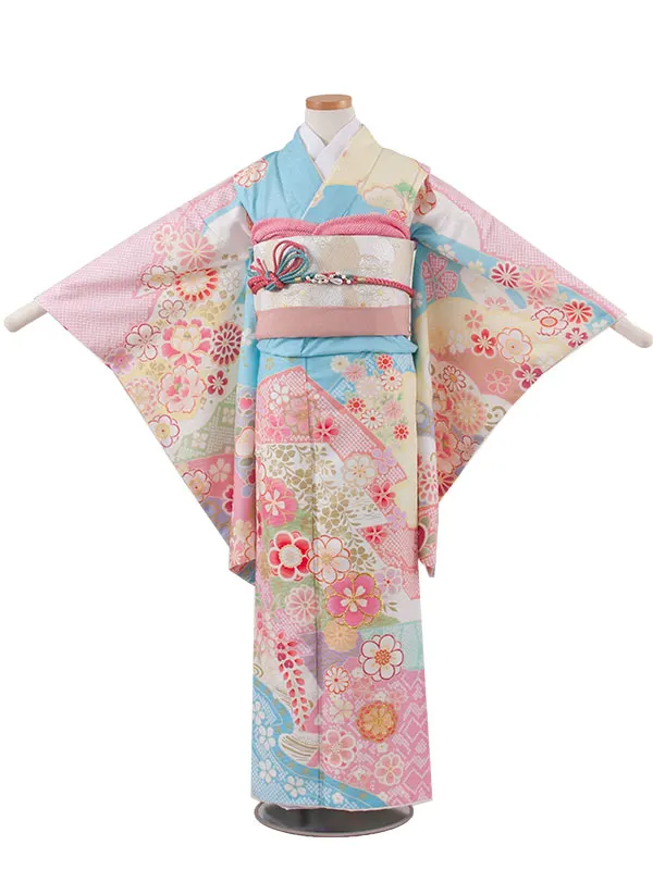 ジュニア着物 水色 しぼり調 桜 牡丹 9047