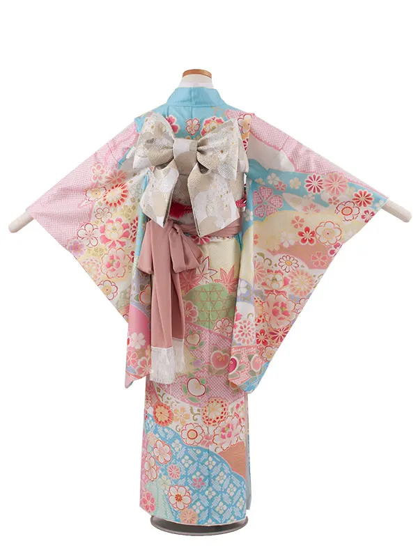 ジュニア着物 水色 しぼり調 桜 牡丹 9047