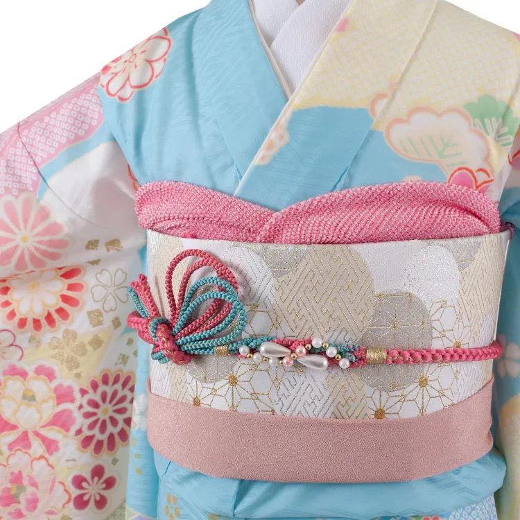 ジュニア着物 水色 しぼり調 桜 牡丹 9047