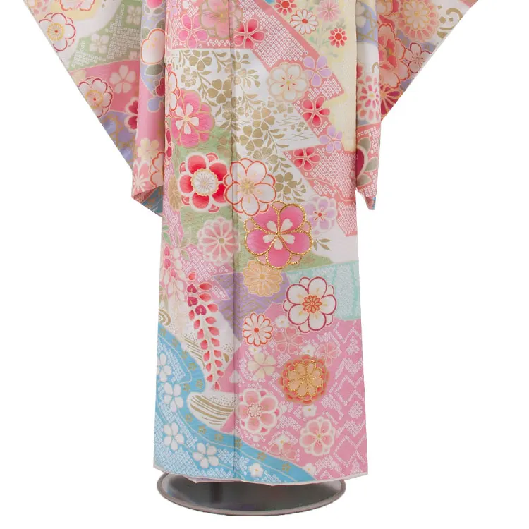 ジュニア着物 水色 しぼり調 桜 牡丹 9047