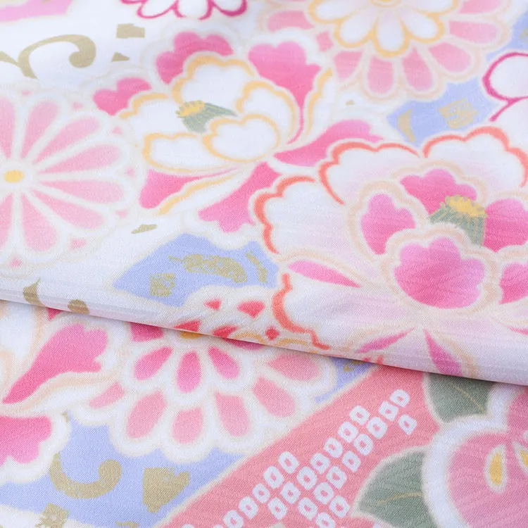 ジュニア着物 水色 しぼり調 桜 牡丹 9047