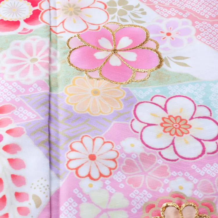 ジュニア着物 水色 しぼり調 桜 牡丹 9047