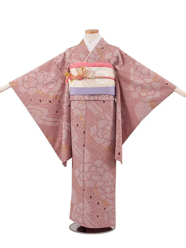 ジュニア着物 薄小豆色 牡丹 9051