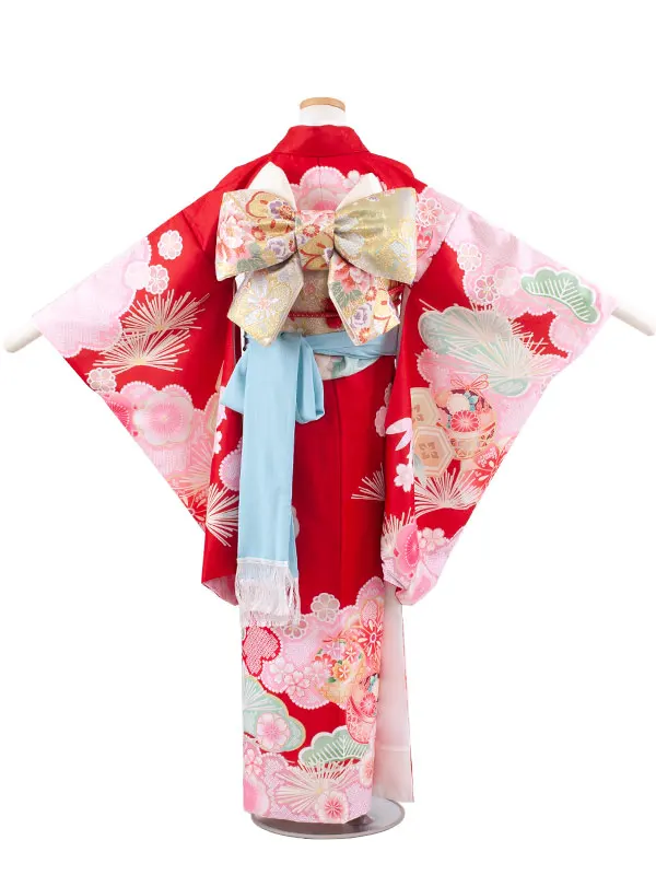 ジュニア着物 赤地 松竹梅 鈴まり 9052