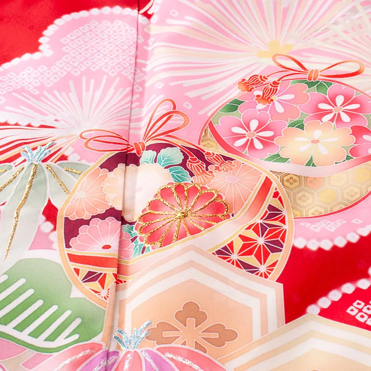 ジュニア着物 赤地 松竹梅 鈴まり 9052