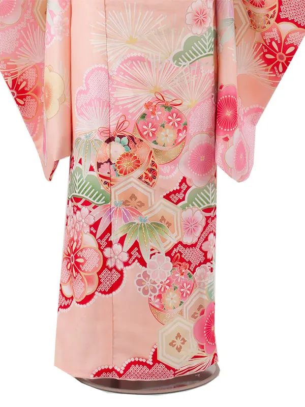 ジュニア着物 ピーチフィズ 絞り調 松竹梅 鈴まり 9055