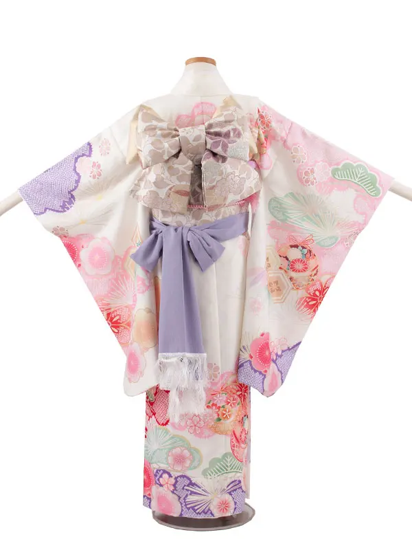 ジュニア着物 アイボリー 絞り調 松竹梅 鈴まり 9056