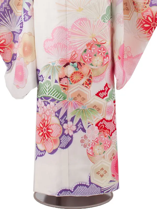 ジュニア着物 アイボリー 絞り調 松竹梅 鈴まり 9056