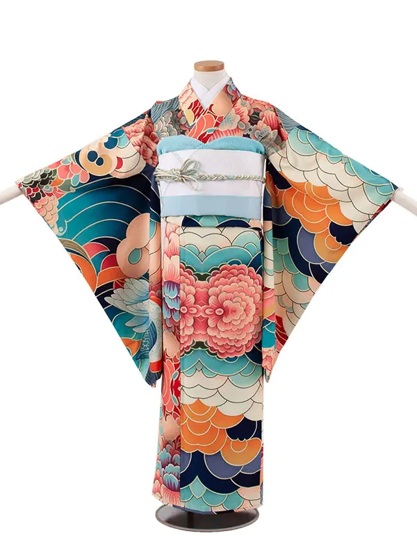ジュニア着物 ベージュ 青海波 9057