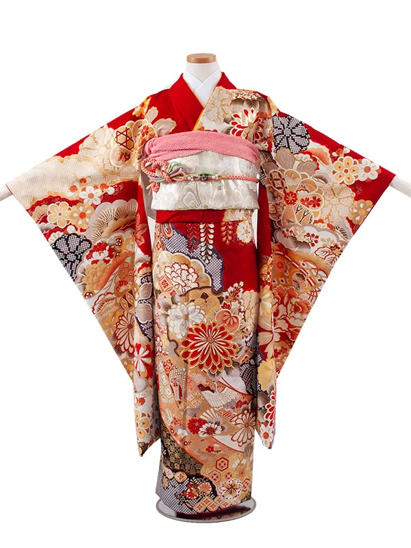 ジュニア着物 赤地 絞り調 牡丹 豪華 9058