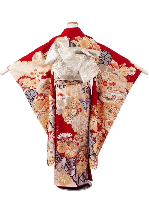 ジュニア着物 赤地 絞り調 牡丹 豪華 9058