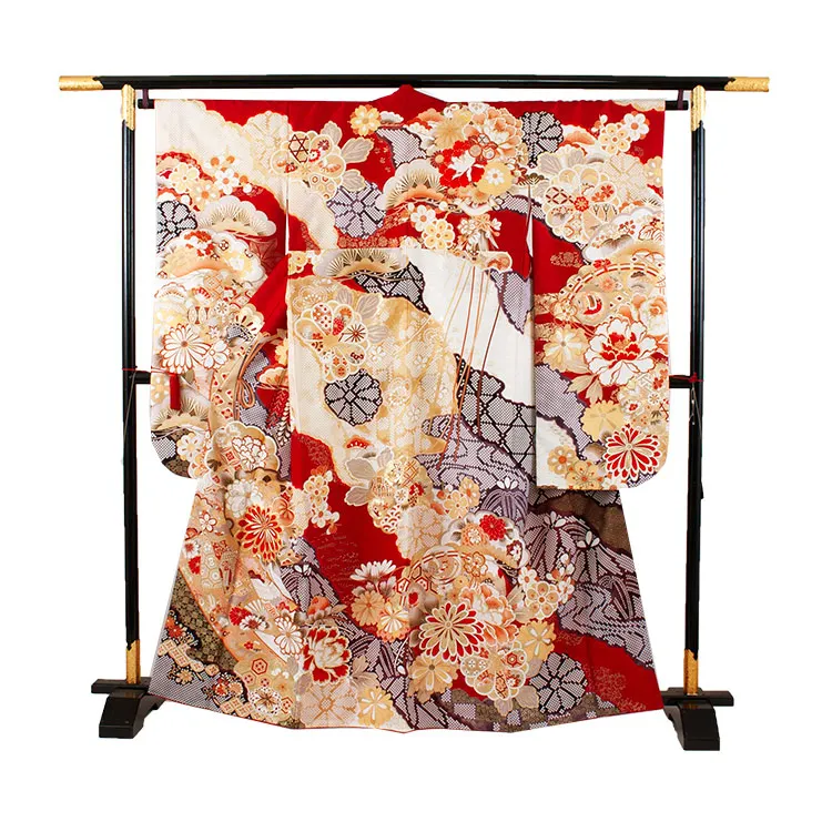 ジュニア着物 赤地 絞り調 牡丹 豪華 9058