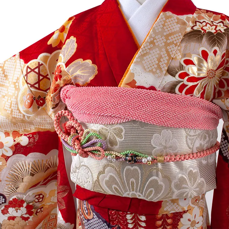 ジュニア着物 赤地 絞り調 牡丹 豪華 9058