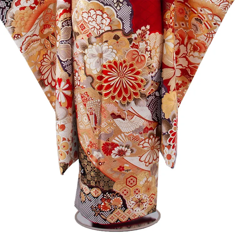 ジュニア着物 赤地 絞り調 牡丹 豪華 9058